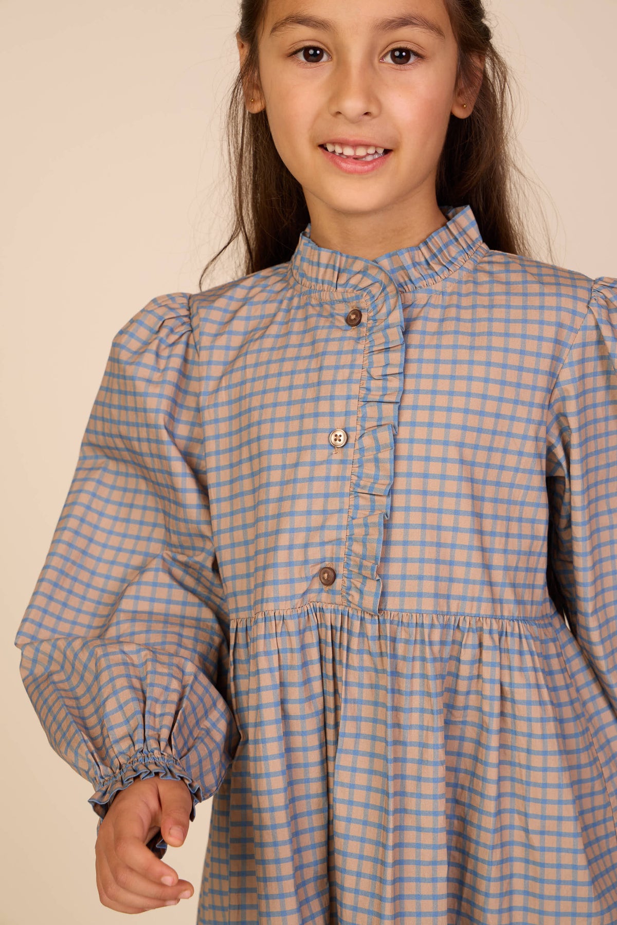 Frill Placket Poplin Dress - Tween - Blue Check | 101438 Julia