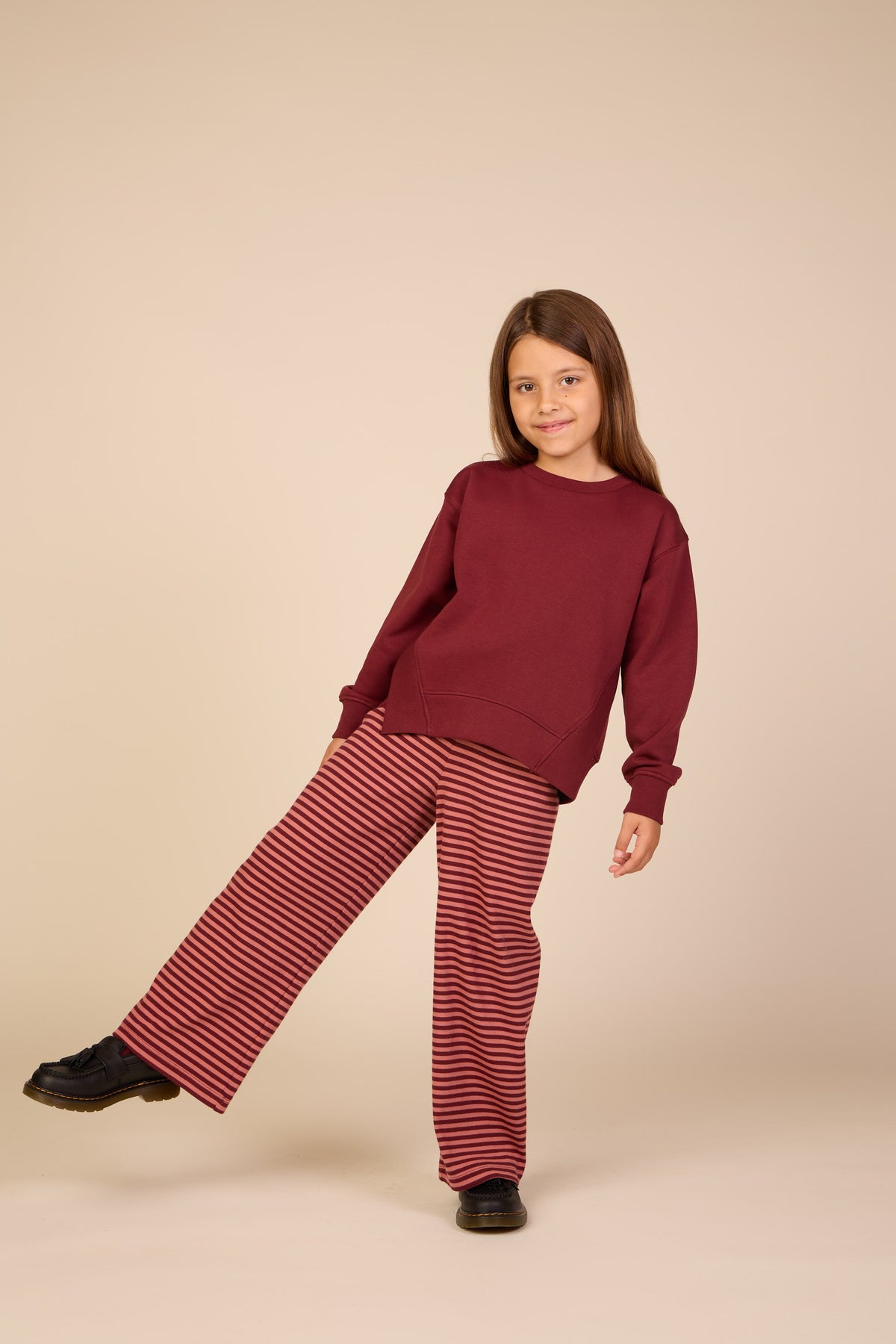 Striped Wide-Leg Rib Trousers - Tween - Dusty Rose/Bordeaux | 101607 Gloria