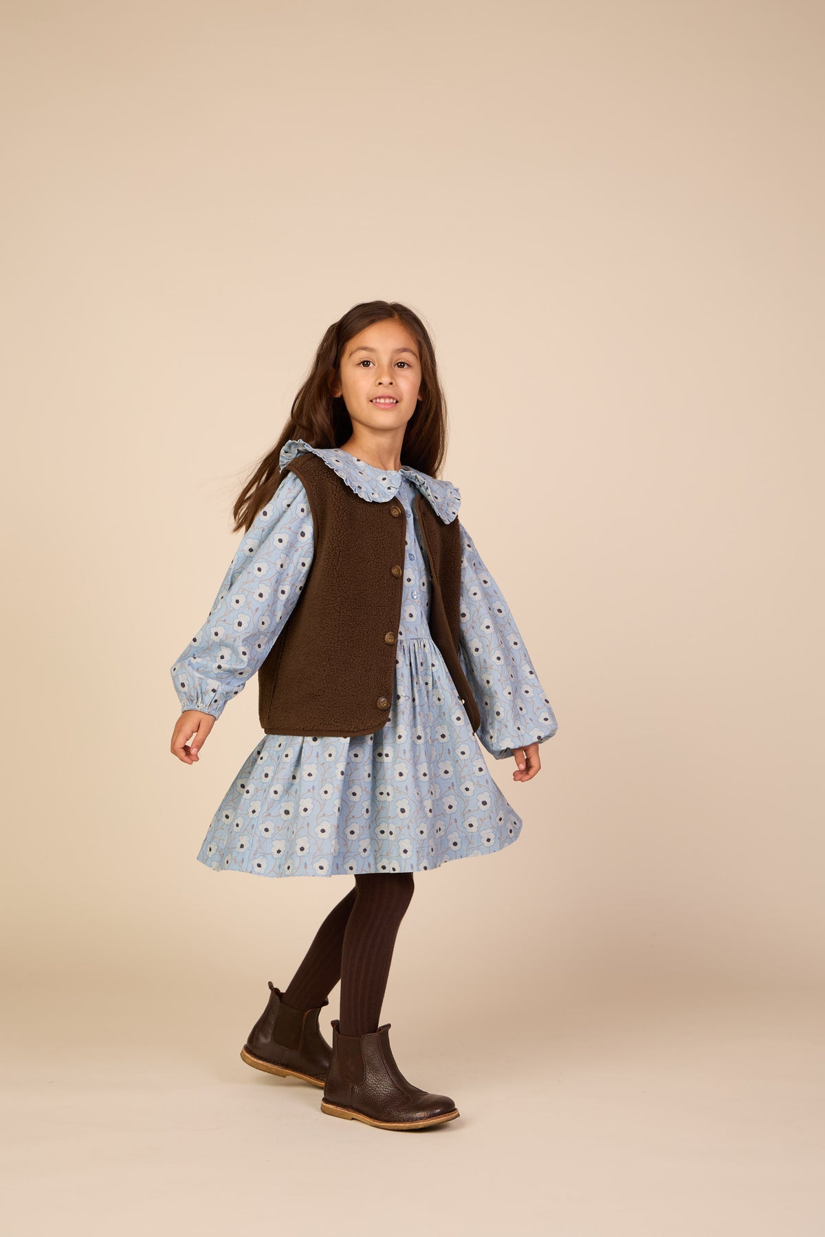 Floral Cotton Dress with Collar - Tween - Blue/Brown | 101428 Nova