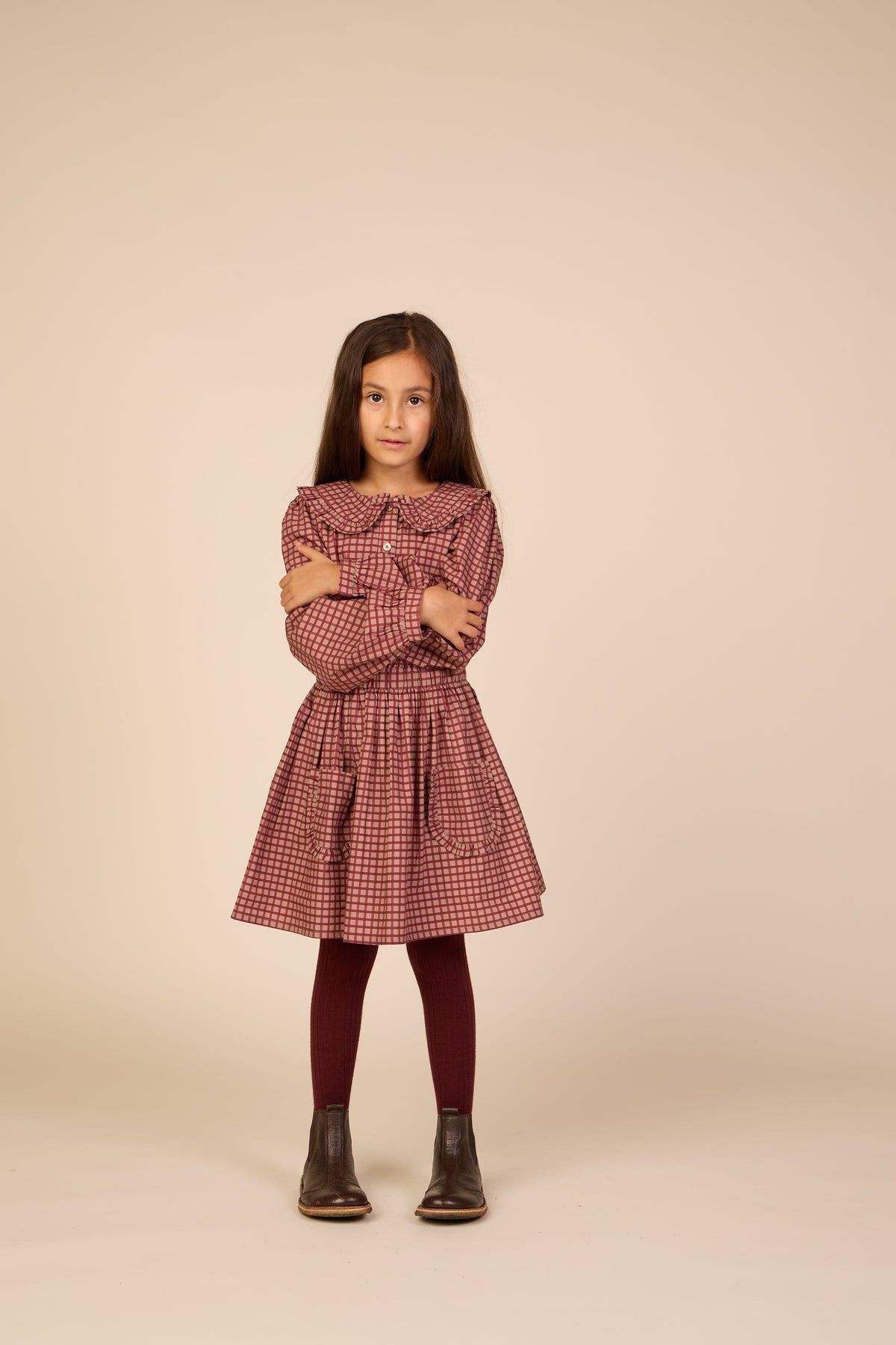 Frill Pocket Poplin Skirt - Tween - Bordeaux Check | 101444 Julia