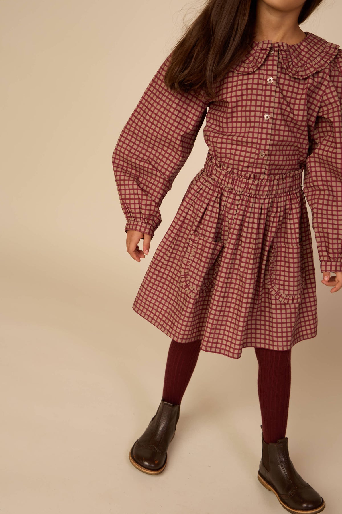 Frill Pocket Poplin Skirt - Tween - Bordeaux Check | 101444 Julia