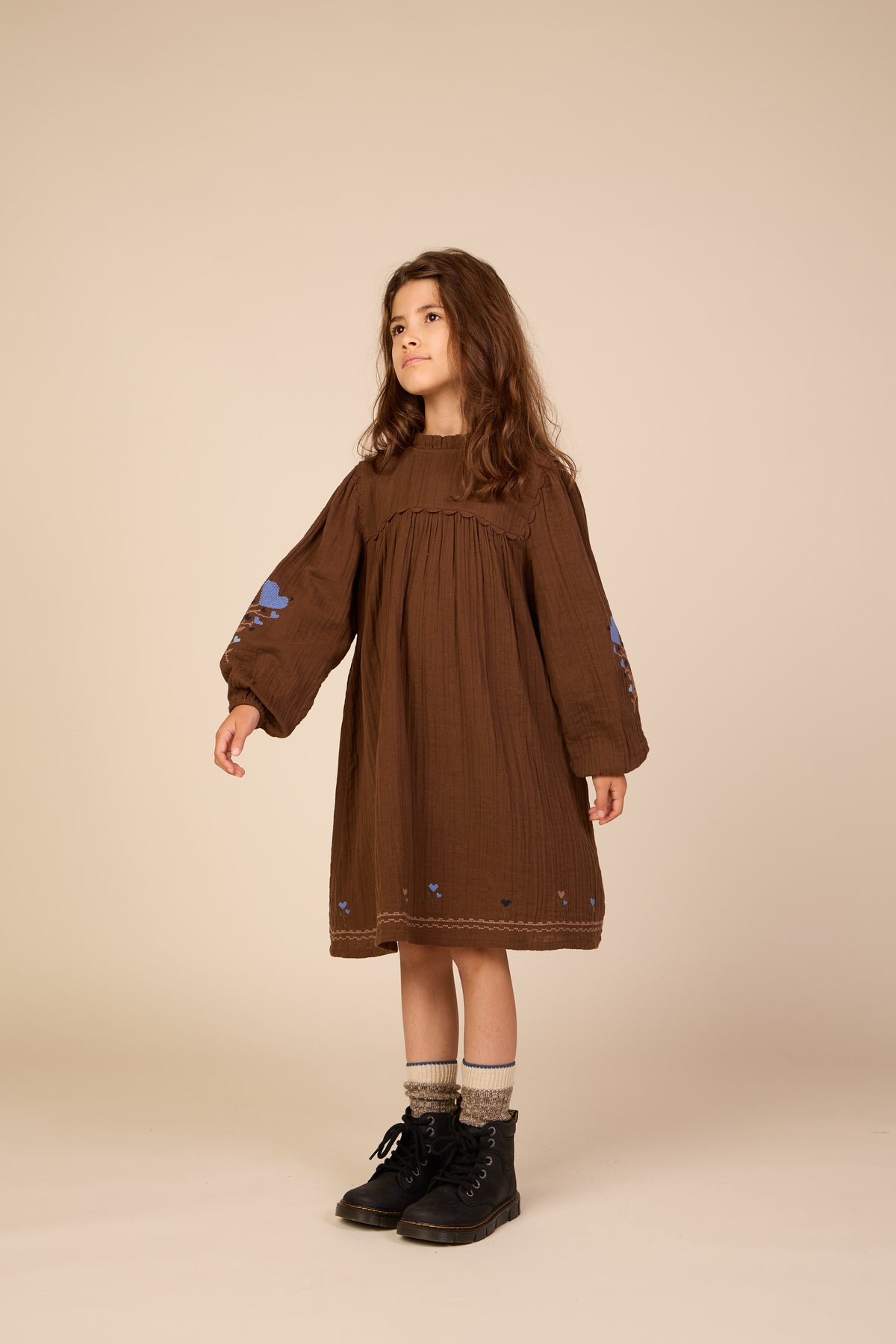 Cross-Stitch Double Gauze Dress - Tween - Brown | 101468 Laureen