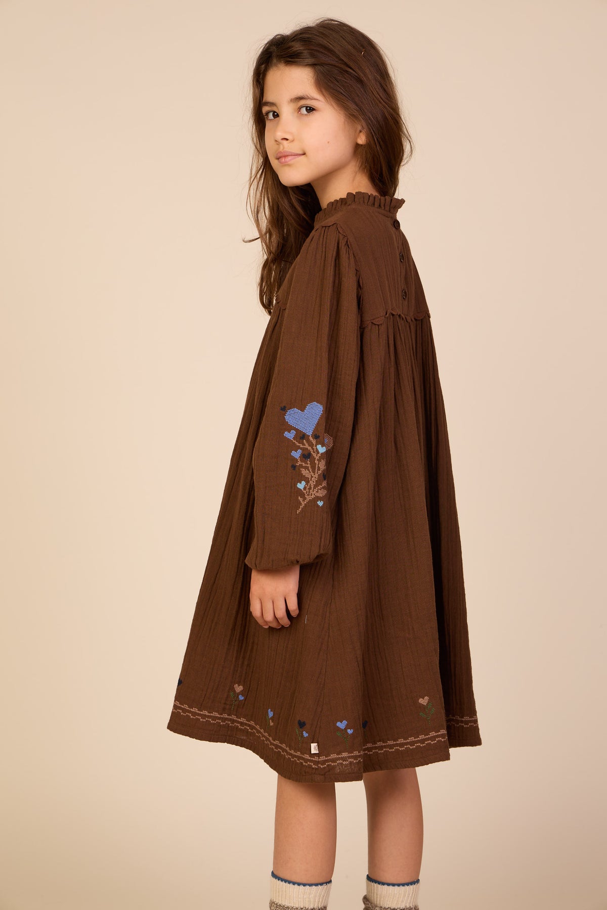 Cross-Stitch Double Gauze Dress - Tween - Brown | 101468 Laureen