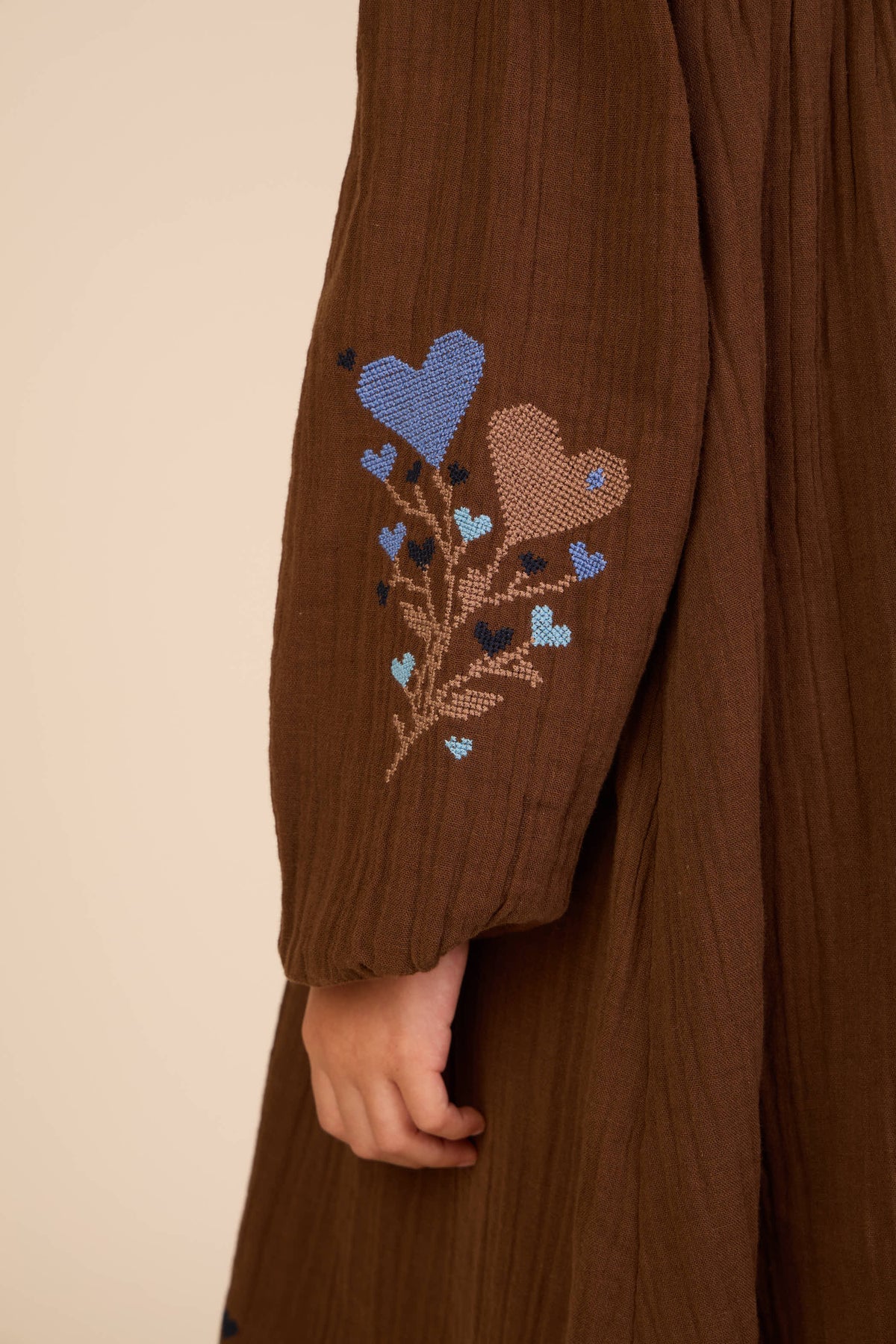 Cross-Stitch Double Gauze Dress - Tween - Brown | 101468 Laureen