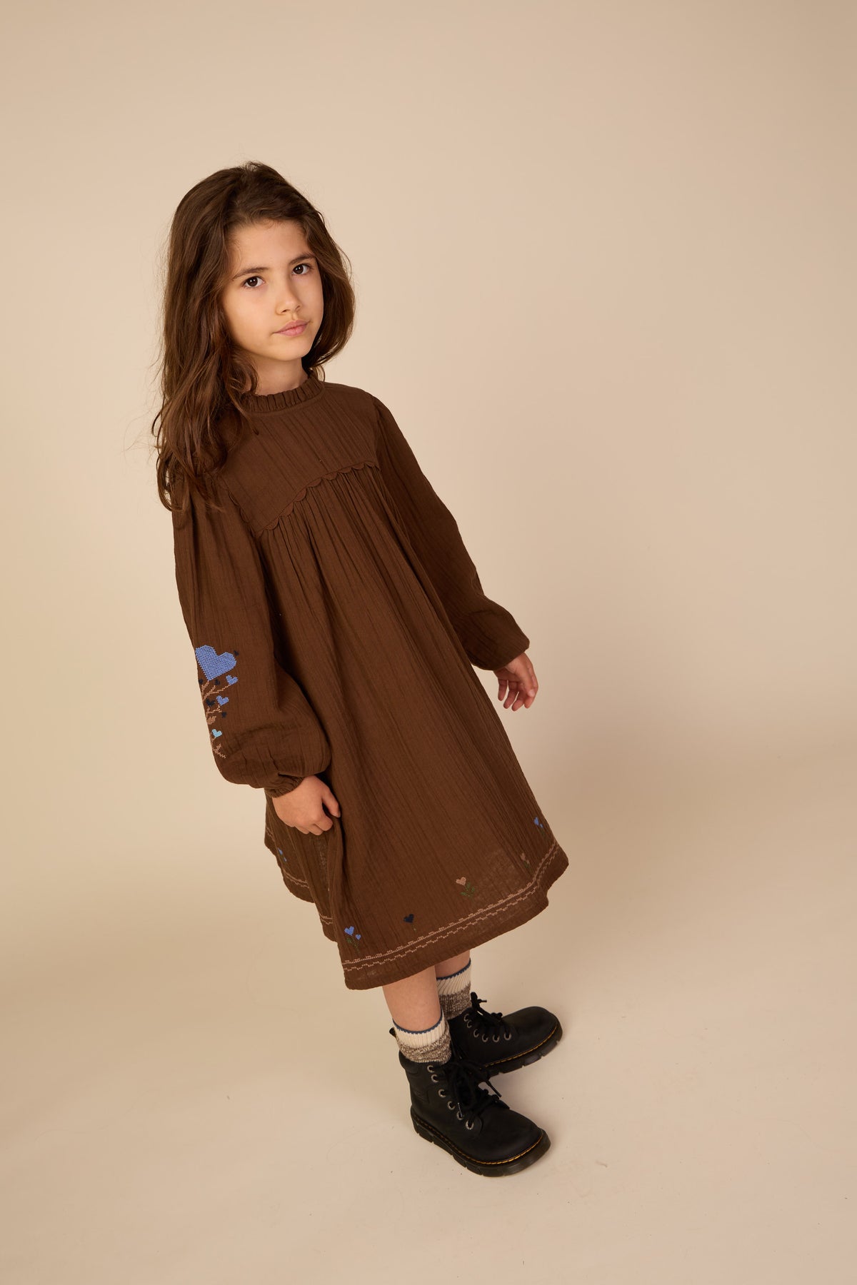 Cross-Stitch Double Gauze Dress - Tween - Brown | 101468 Laureen