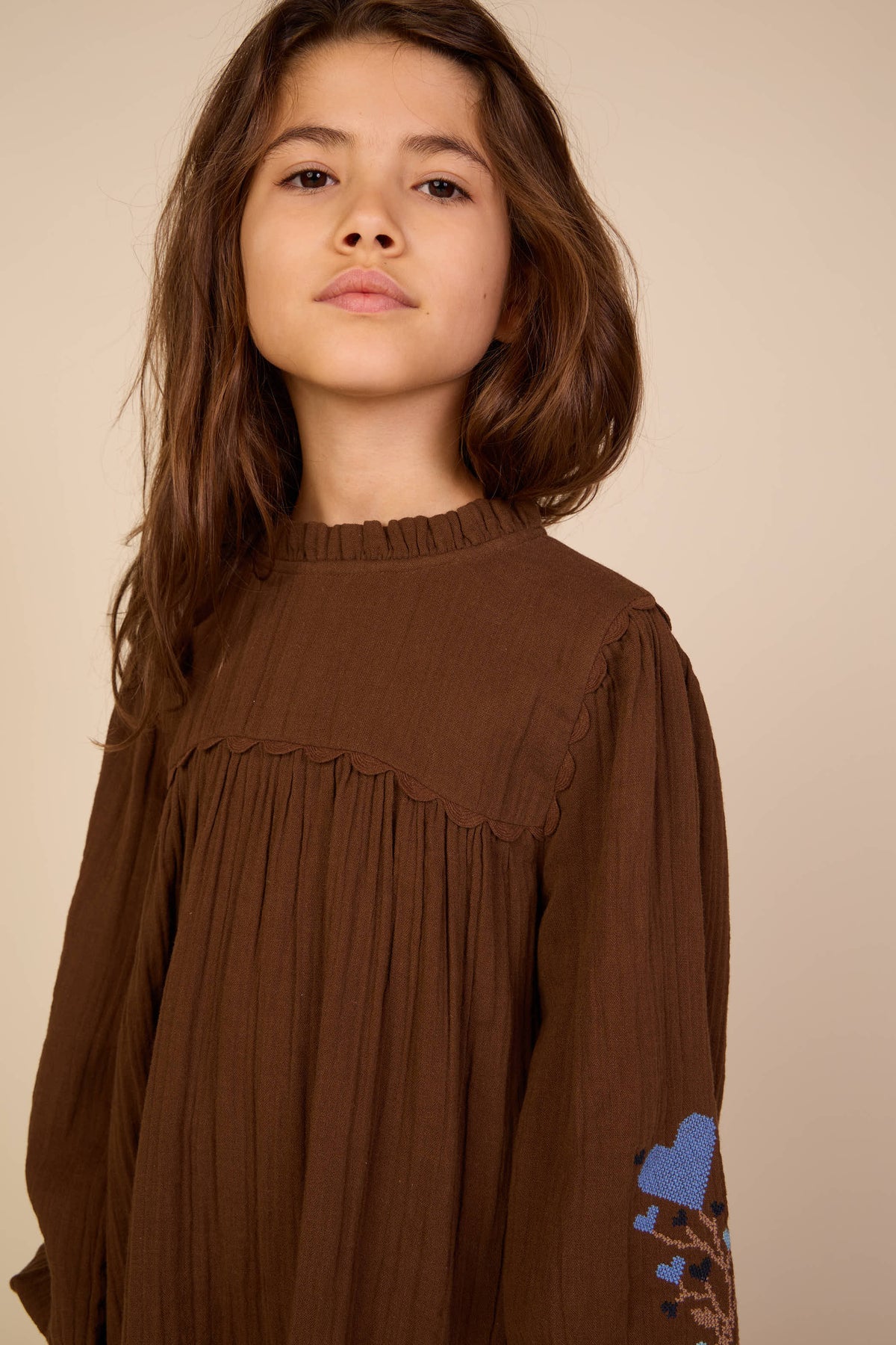 Cross-Stitch Double Gauze Dress - Tween - Brown | 101468 Laureen