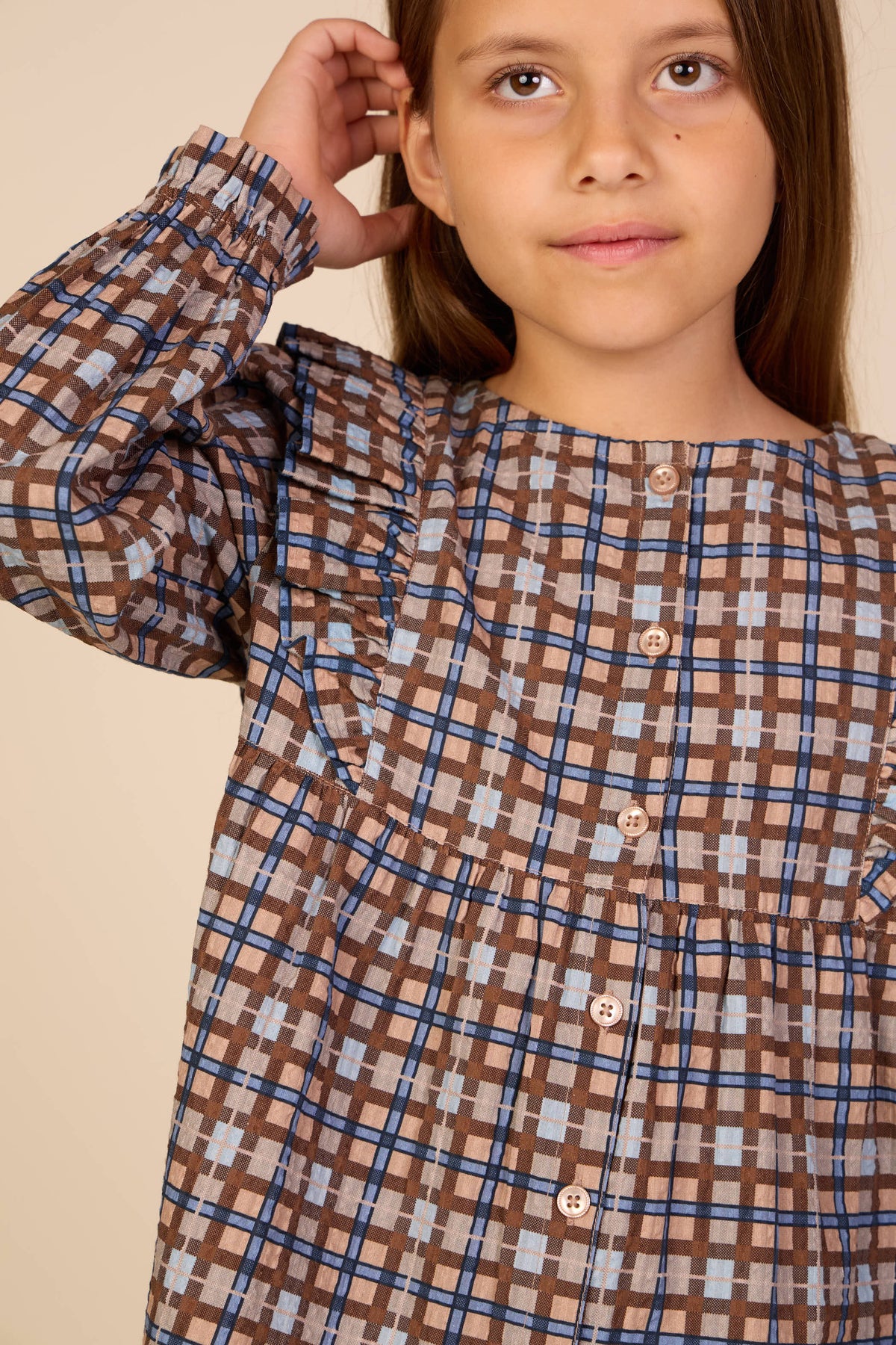 Checked Cotton Frill Blouse - Tween - Blue | 101496 Penny