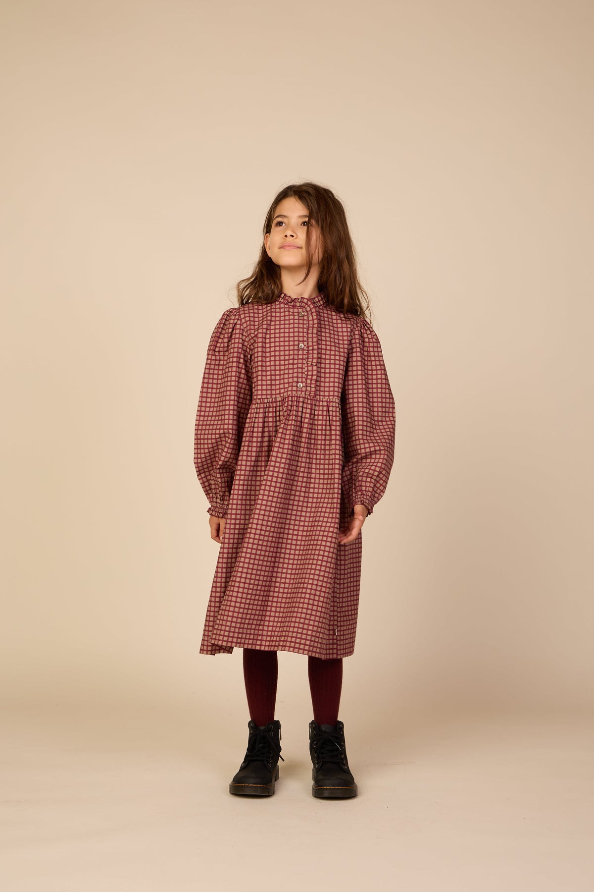 Frill Placket Poplin Dress - Tween - Bordeaux Check | 101437 Julia