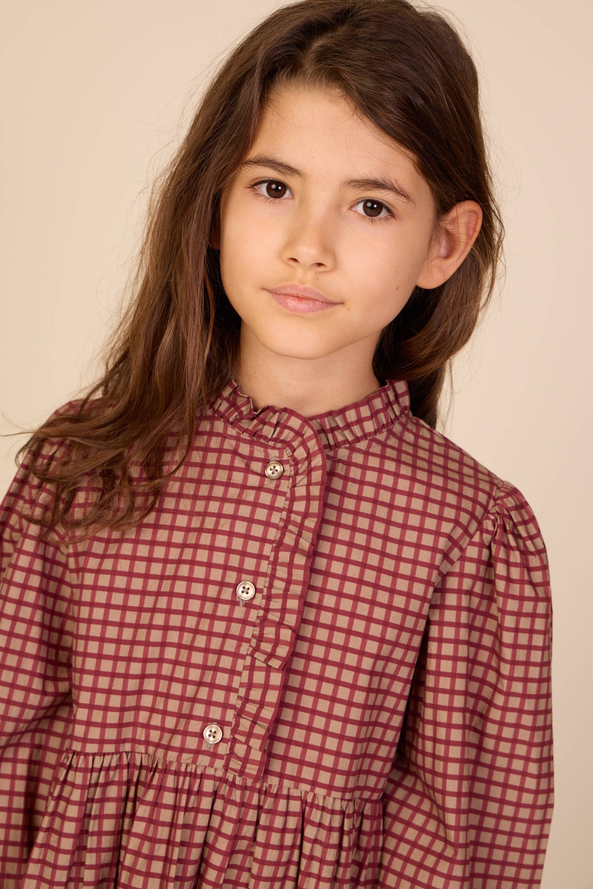 Frill Placket Poplin Dress - Tween - Bordeaux Check | 101437 Julia