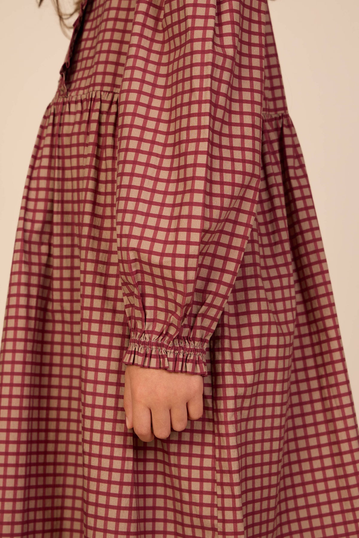Frill Placket Poplin Dress - Tween - Bordeaux Check | 101437 Julia