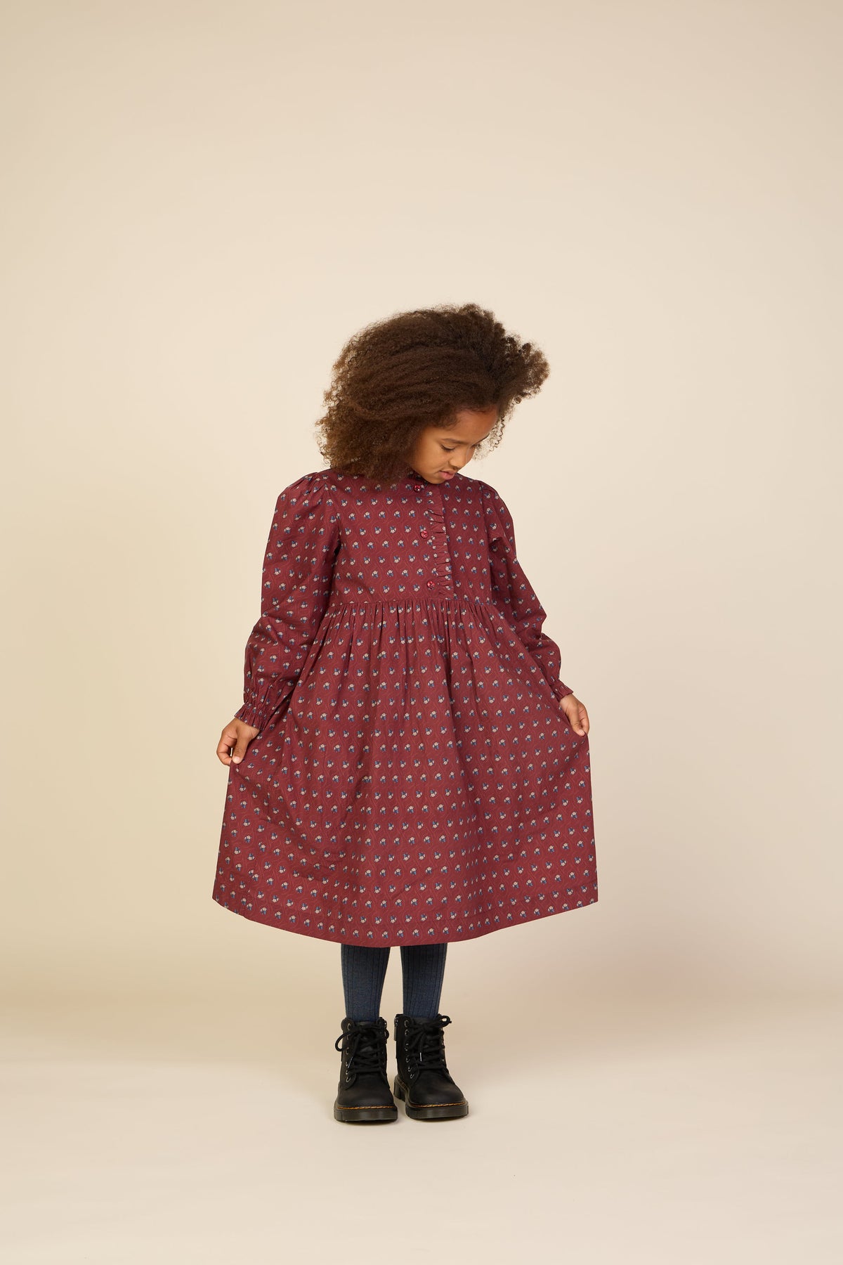Frill Placket Poplin Dress - Tween - Bordeaux Flowerprint | 101439 Julia
