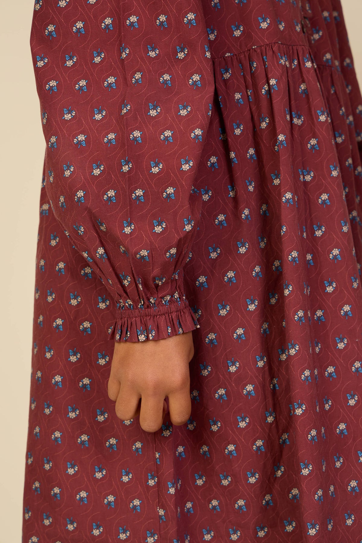 Frill Placket Poplin Dress - Tween - Bordeaux Flowerprint | 101439 Julia