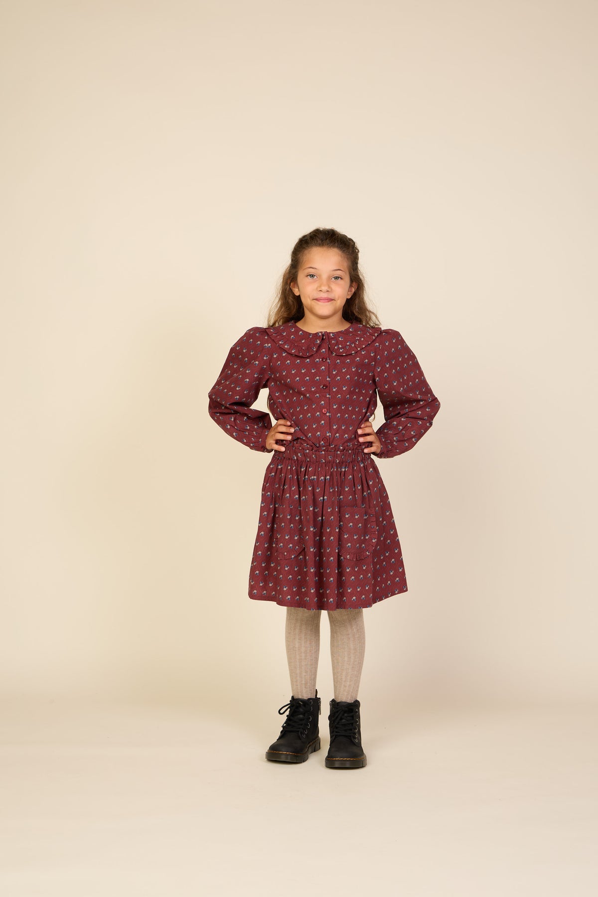 Frill Pocket Poplin Skirt - Tween - Bordeaux Flowerprint | 101448 Julia
