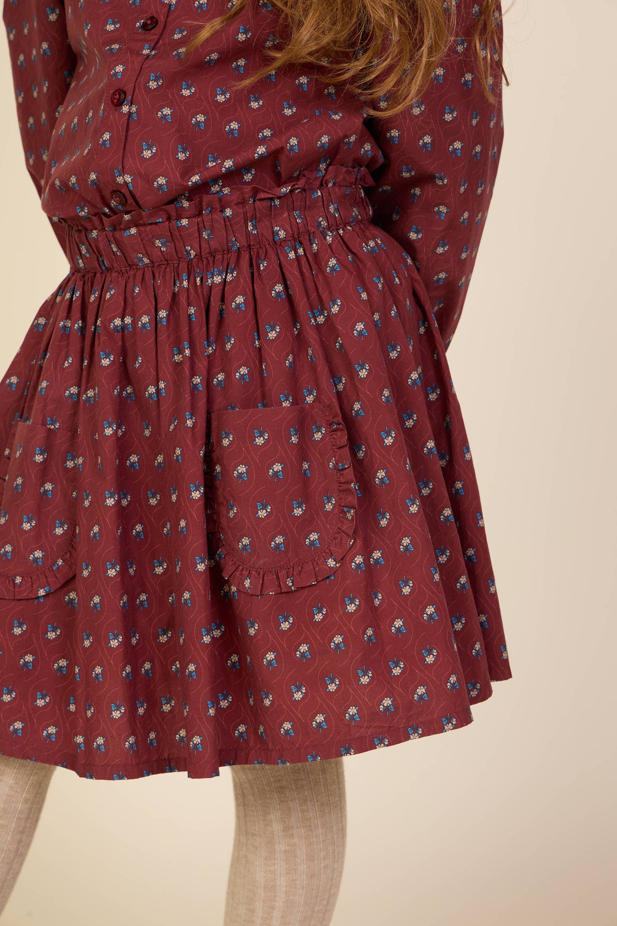 Frill Pocket Poplin Skirt - Tween - Bordeaux Flowerprint | 101448 Julia