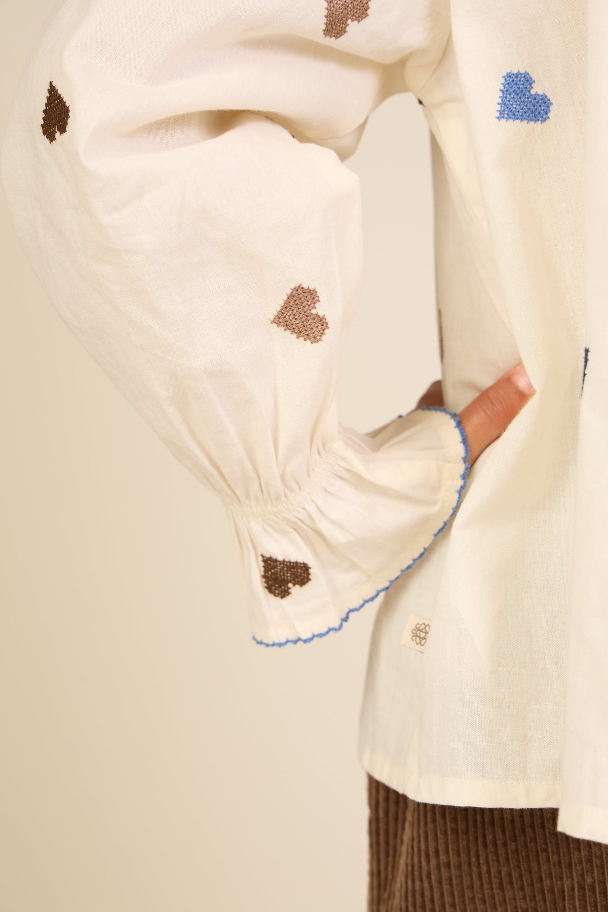 Heart Embroidered Cotton Blouse - Tween - Blue/Brown | 101456 Elina