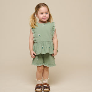 Embroidered Seersucker Shorts - Kids - Dusty Green | 100984 Nora