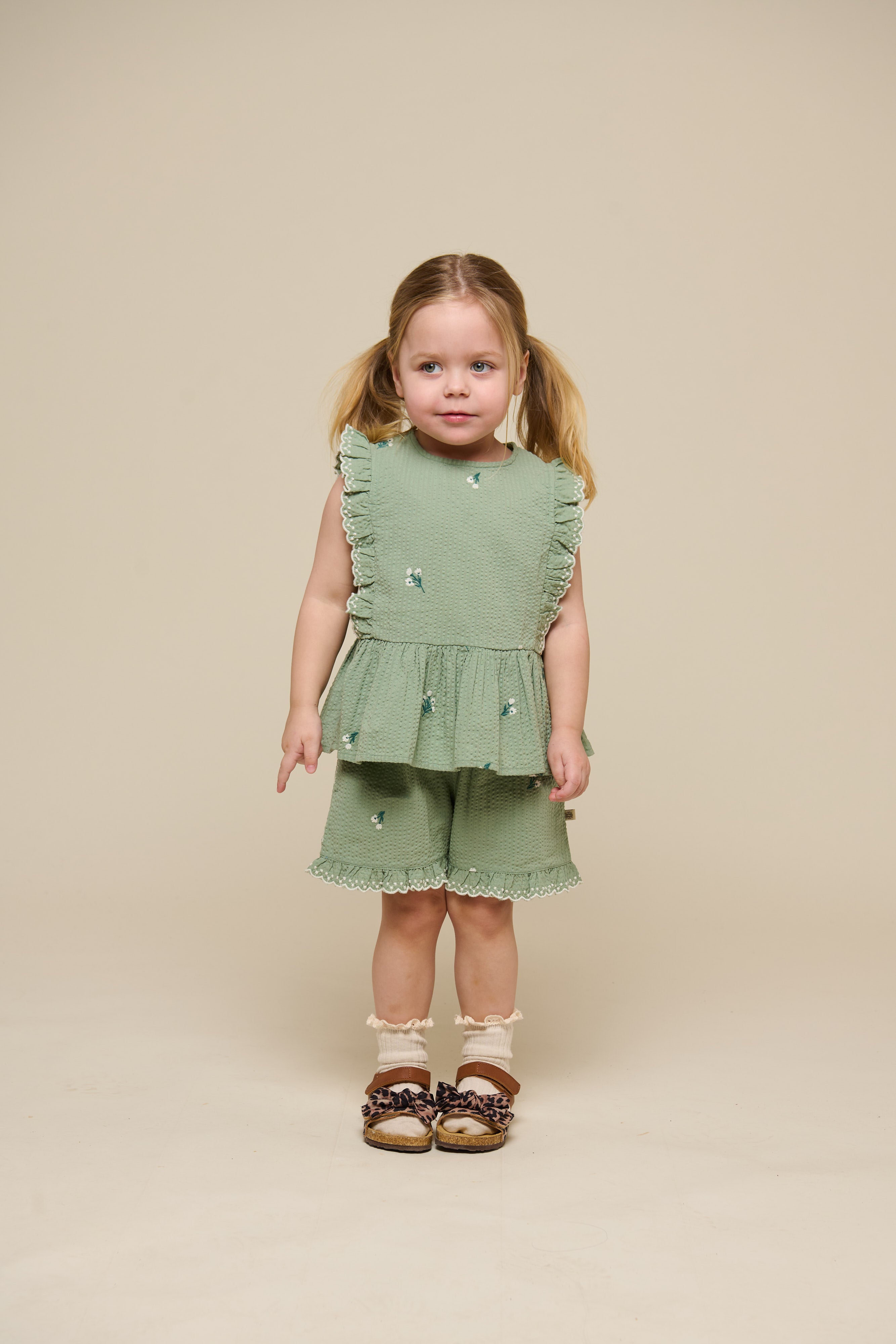 Embroidered Seersucker Top - Kids - Dusty Green | 100980 Nora