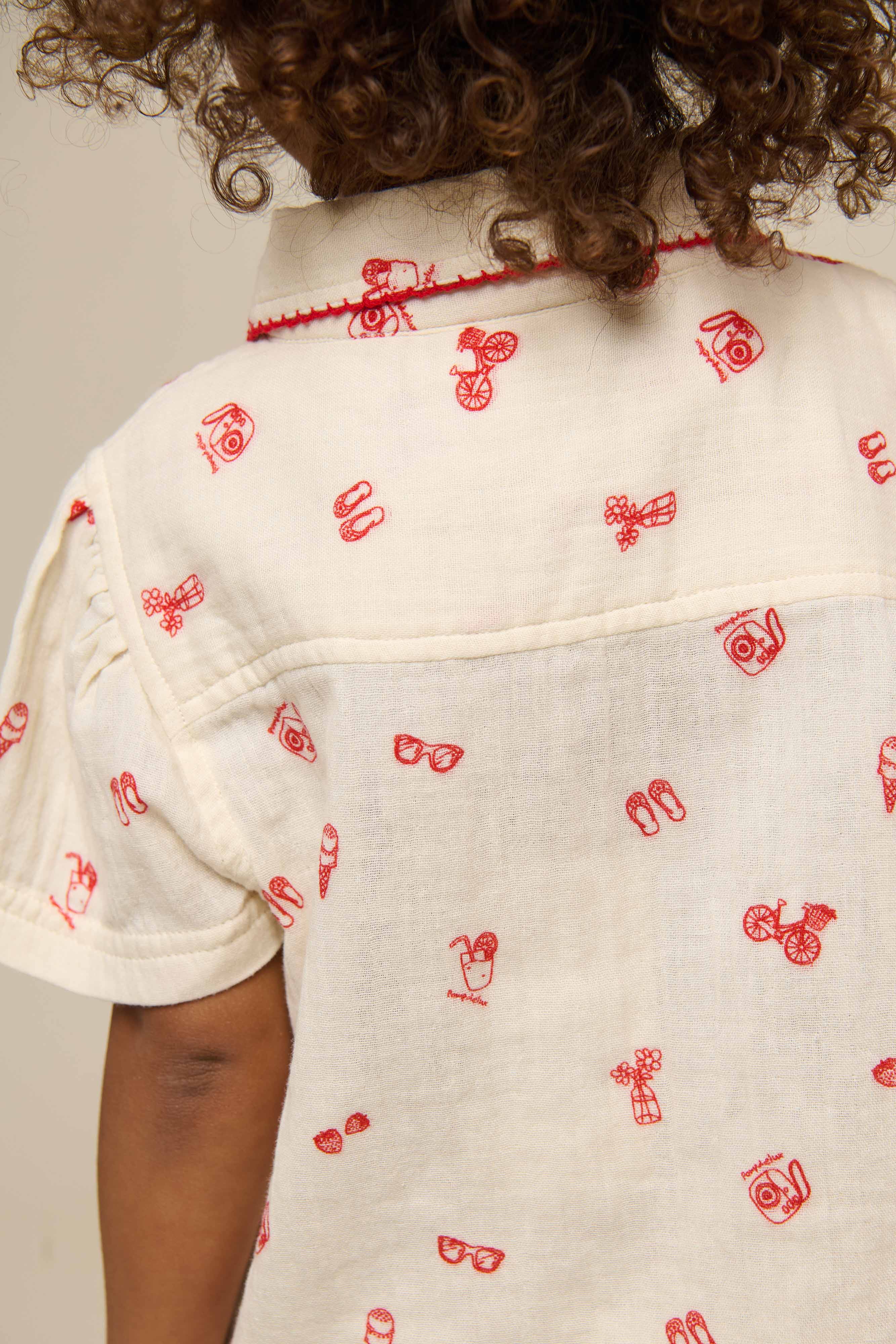 Printed Gauze Shirt and Shorts Set - Kids - Offwhite/Cherry Red | 100972 Fiona