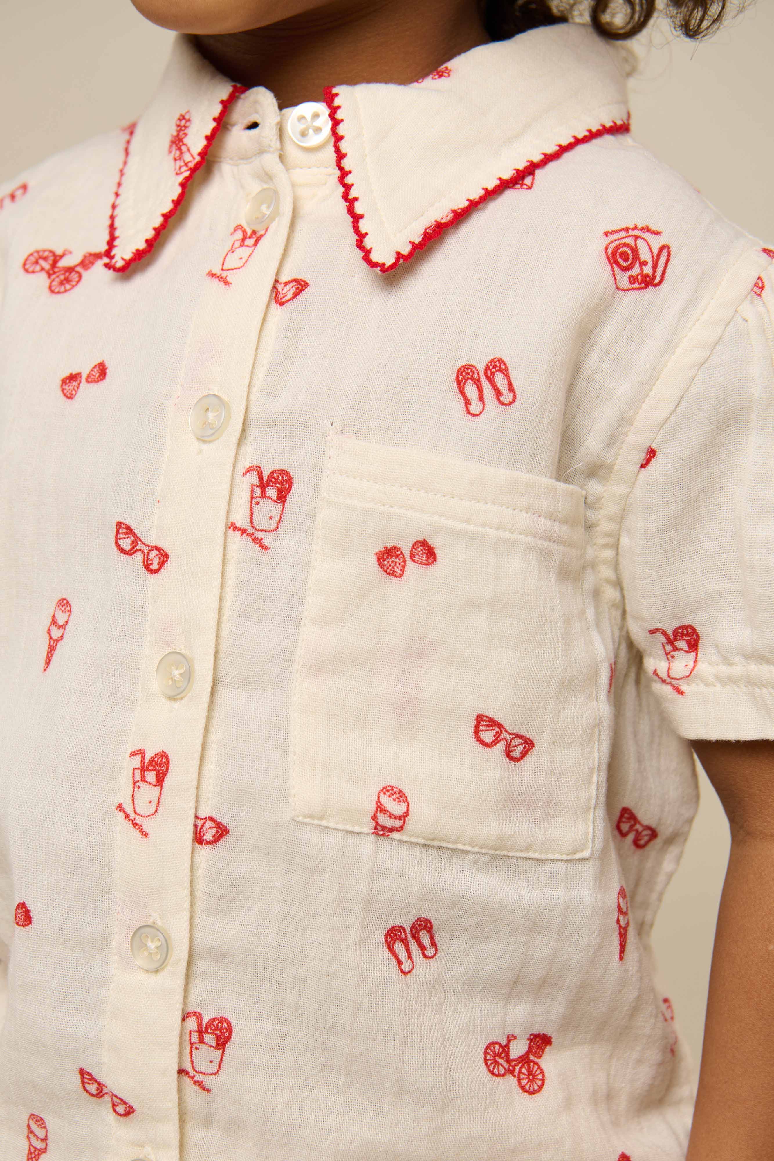 Printed Gauze Shirt and Shorts Set - Kids - Offwhite/Cherry Red | 100972 Fiona